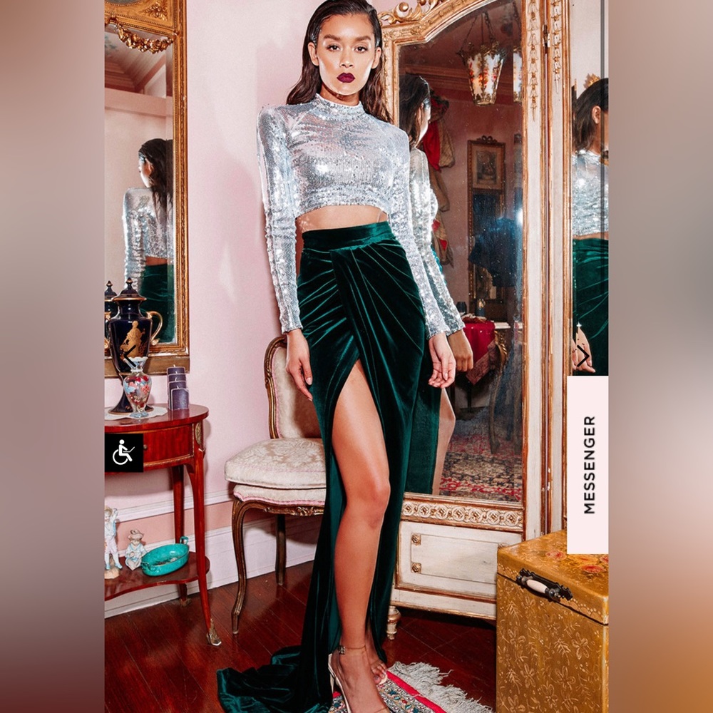 House of CB Therina high slit emerald green velvet skirt